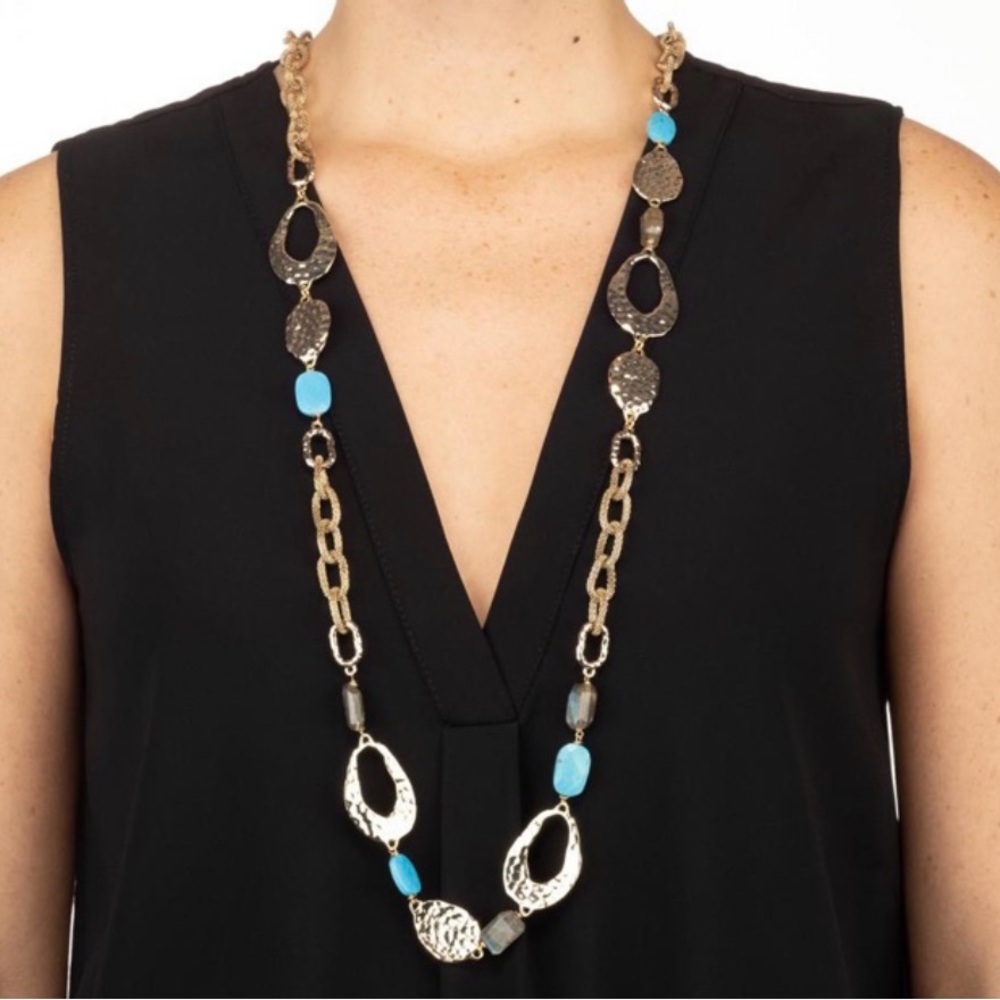 ALEXIS BITTAR • NEW Long Hammered Gemstone Mesh Custom Textured Link Necklace